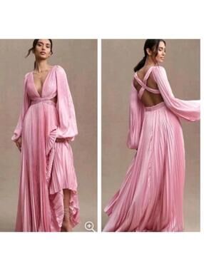 leena for Mac Duggal Pink Long Size 4 Sleeve Pleated Charmeuse Cut Out Gown NWT